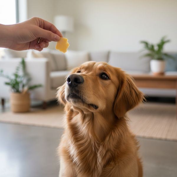 Hund wartet im Wohnzimmer auf ein Stück Käse in Hand von Liebesgut Tiernahrung