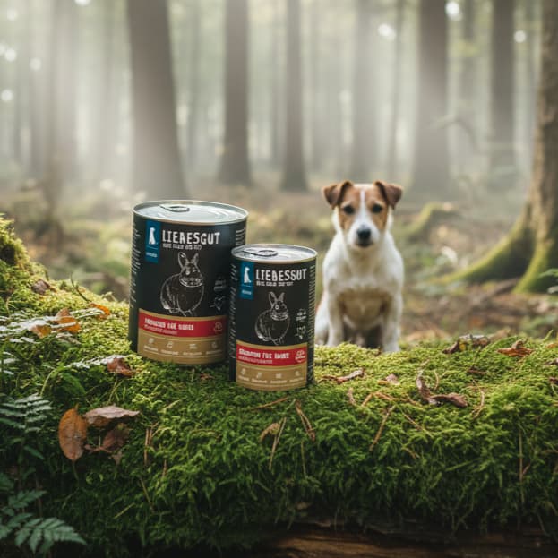 Biokost Sensitiv Kaninchen vor Moos im Wald mit Hund im Hintergrund für Liebesgut Tiernahrung