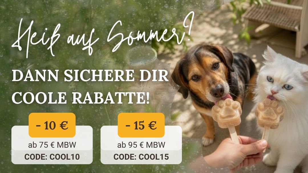 Sommeraktion bei Liebesgut Tiernahrung. 10 Euro Rabatt ab 75 Euro und 15 Euro Rabatt ab 95 Euro mit den Codes COOL10 und COOL15.