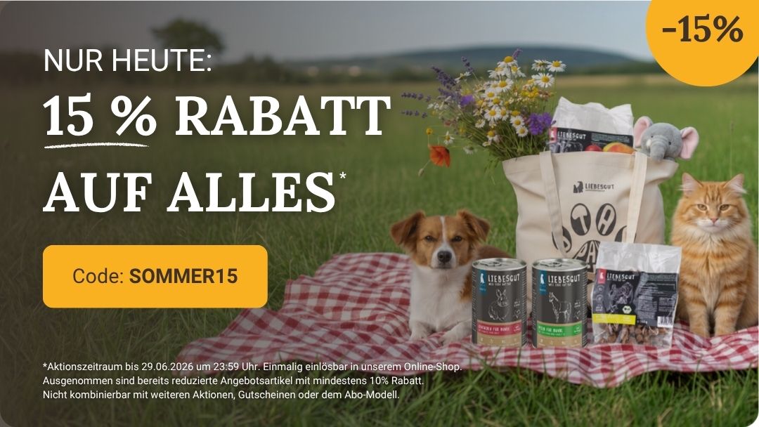 15 Prozent Rabatt auf alle Produkte von Liebesgut Tiernahrung. Hund und Katze beim Sommerpicknick mit Futter und Snacks auf einer karierten Decke. Weitere Informationen und Aktionsbedingungen auf der Angebotsseite.
