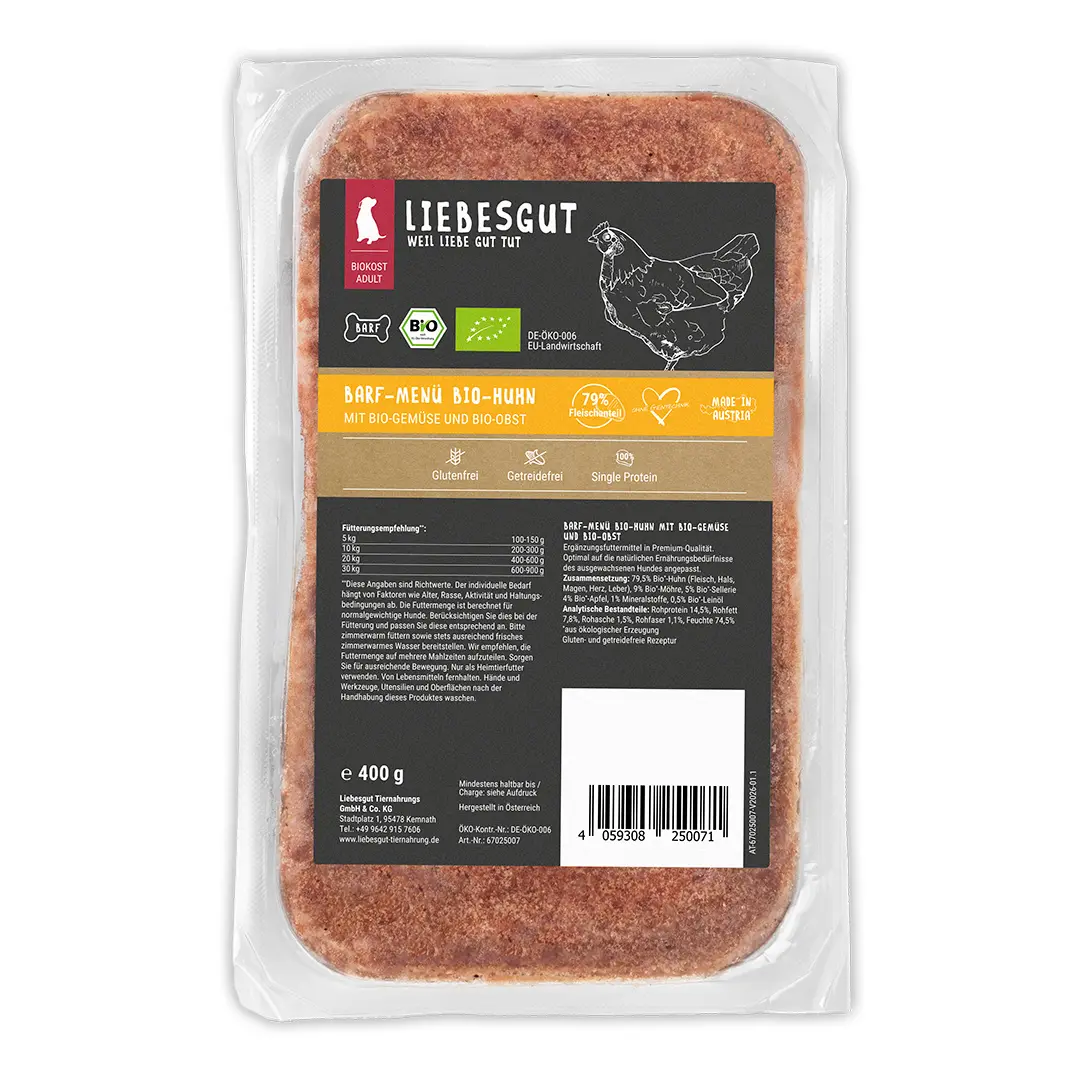 Barf-Menü Bio-Huhn mit Bio-Gemüse und Bio-Obst