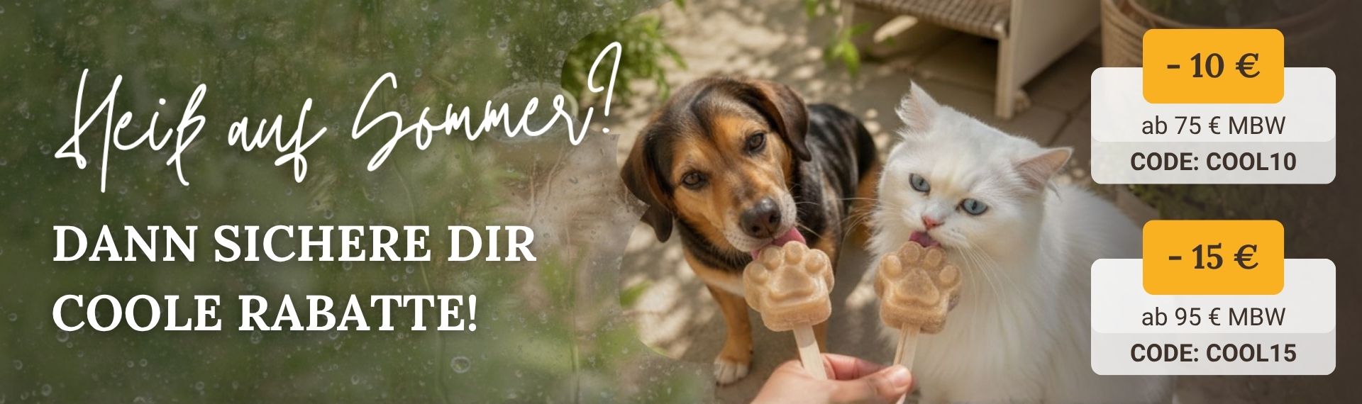 Sommeraktion bei Liebesgut Tiernahrung. 10 Euro Rabatt ab 75 Euro und 15 Euro Rabatt ab 95 Euro mit den Codes COOL10 und COOL15.