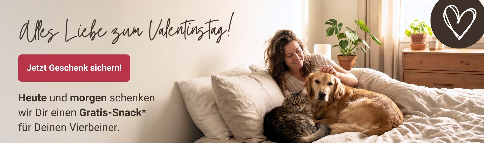 Valentinstagsaktion bei Liebesgut Tiernahrung. Heute und morgen gibt es einen Gratis Snack für Hunde und Katzen zu jeder Bestellung.