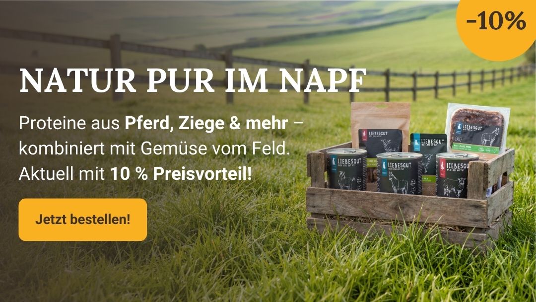 10 Prozent Rabatt auf ausgewählte Liebesgut Tiernahrung mit Proteinen aus Pferd, Ziege und mehr. Natürliche Menüs mit Gemüse vom Feld jetzt günstiger.