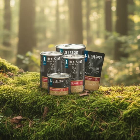 Liebesgut Tiernahrung Produkte stehen auf moosbedecktem Stamm im Wald