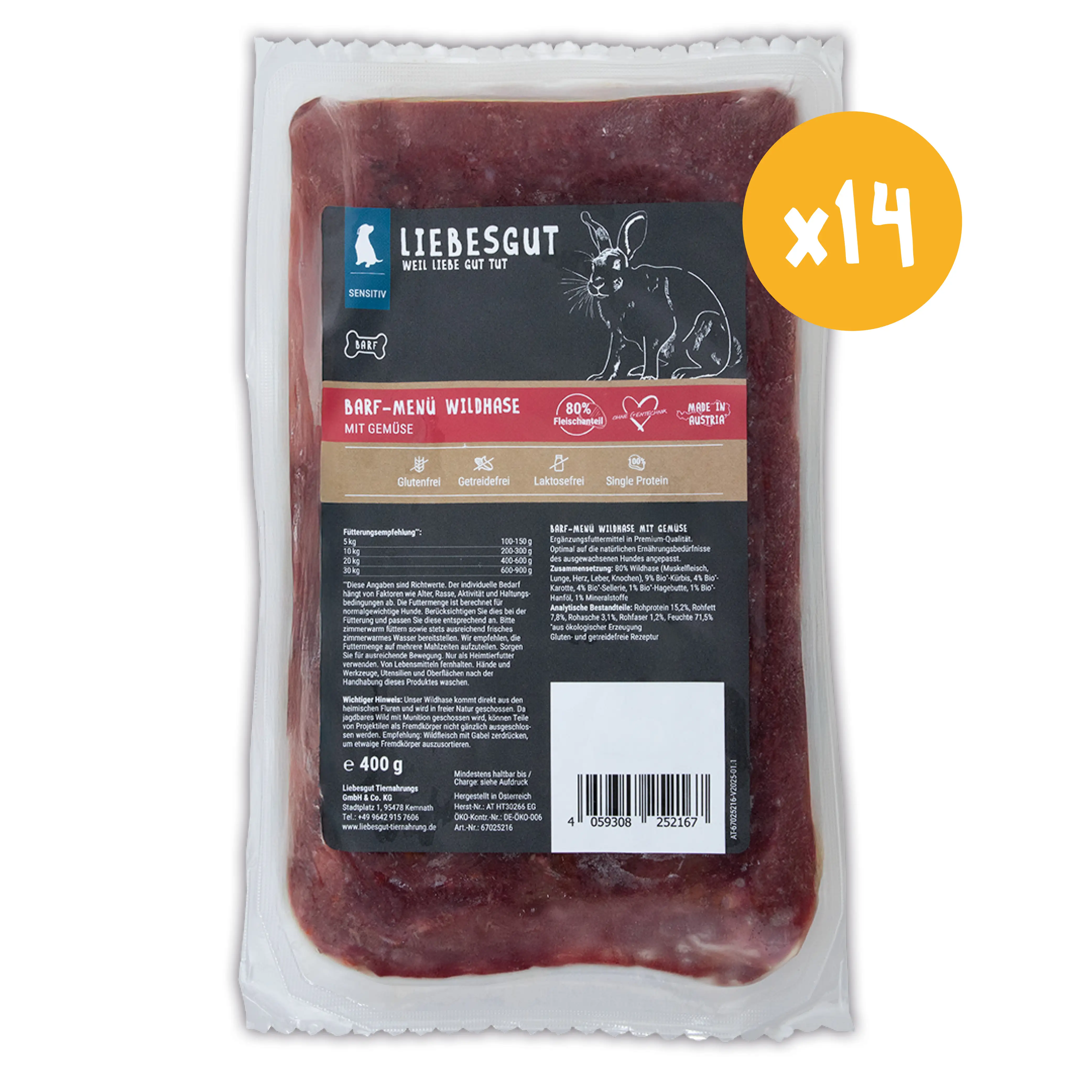 Barf-Menü Wildhase mit Gemüse 14 x 400g