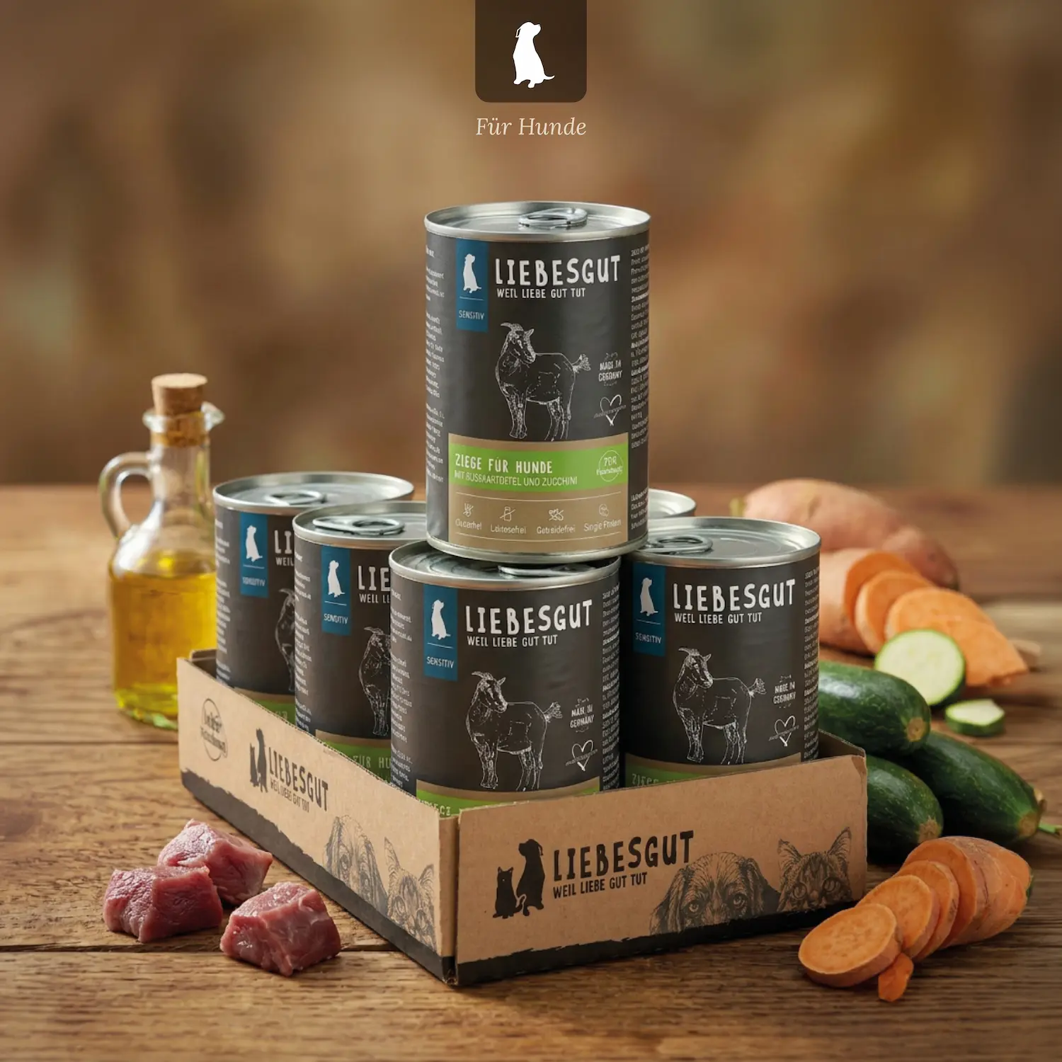 Ziege mit Bio-Süßkartoffel und Bio-Zucchini