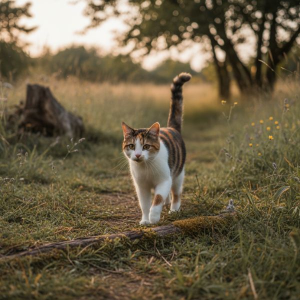 Katze läuft auf einem Waldweg in warmem Abendlicht von Liebesgut Tiernahrung