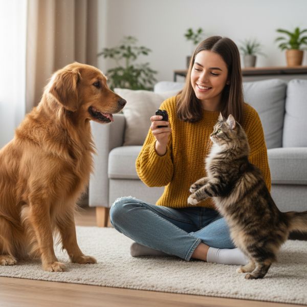 Hund und Katze beim Clickertraining im Wohnzimmer zum Ratgeber „Clickertraining“ von Liebesgut-Tiernahrung.